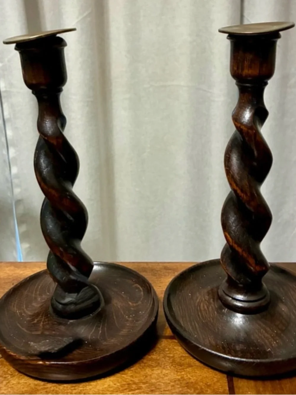 Vintage English Oak Wood Barley Twist Candlesticks Candle Holders Academia Moody